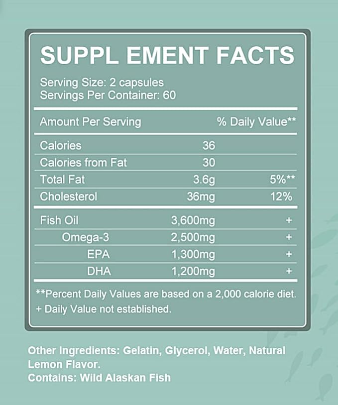 Triple Strength Wild Alaskan Omega-3 2500mg 1,300mg + 1,200mg, Supplement 120 Softgels 60 Day