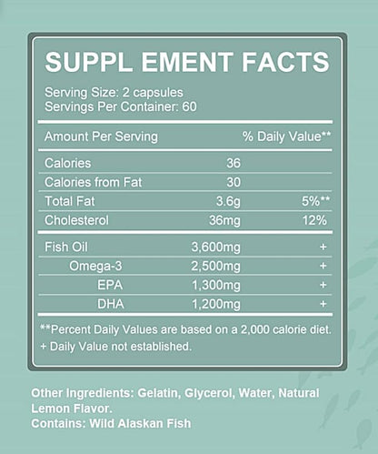 Triple Strength Wild Alaskan Omega-3 2500mg 1,300mg + 1,200mg, Supplement 120 Softgels 60 Day