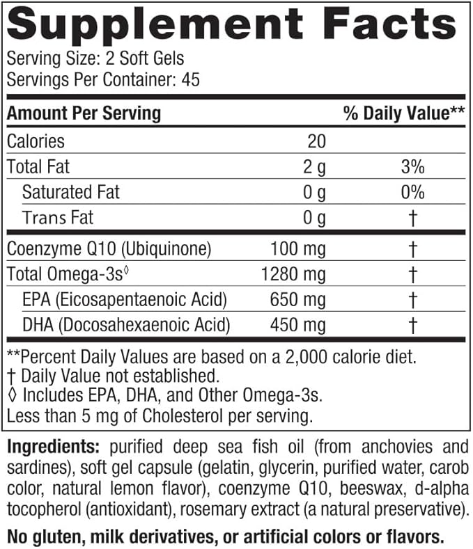 Nordic Naturals Ultimate Omega + CoQ10, Lemon 90 Soft 1280 mg Omega-3 + 100 mg CoQ10 - 45 Servings