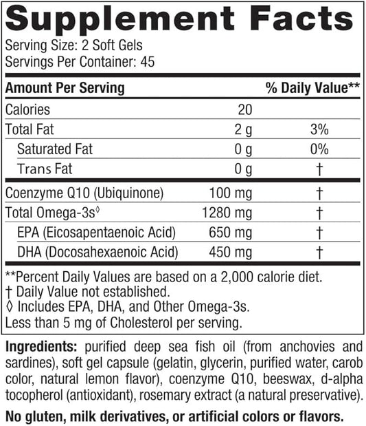 Nordic Naturals Ultimate Omega + CoQ10, Lemon 90 Soft 1280 mg Omega-3 + 100 mg CoQ10 - 45 Servings