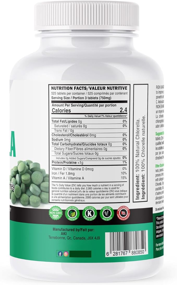 AKI Chlorella Superfood Supplement Tablets (525) B12, Iron,