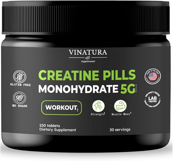 Creatine Monohydrate Pills 5g - creatine Tablets, creatine Pills for Men, Women, creatina en capsulas *USA Made & Tested* Unflavored, creatine monohydrate Powder alt, 150 Tablets 30 Servings