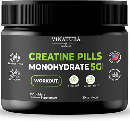 Creatine Monohydrate Pills 5g - creatine Tablets, creatine Pills for Men, Women, creatina en capsulas *USA Made & Tested* Unflavored, creatine monohydrate Powder alt, 150 Tablets 30 Servings