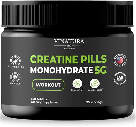 Creatine Monohydrate Pills 5g - creatine Tablets, creatine Pills for Men, Women, creatina en capsulas *USA Made & Tested* Unflavored, creatine monohydrate Powder alt, 150 Tablets 30 Servings