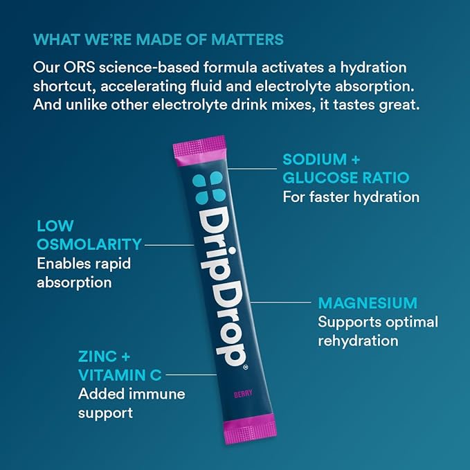 DripDrop Hydration - Berry - Electrolyte Drink Mix Single Serve Powder Packets | Non-GMO, Gluten Free, Vegan | 32 Sticks