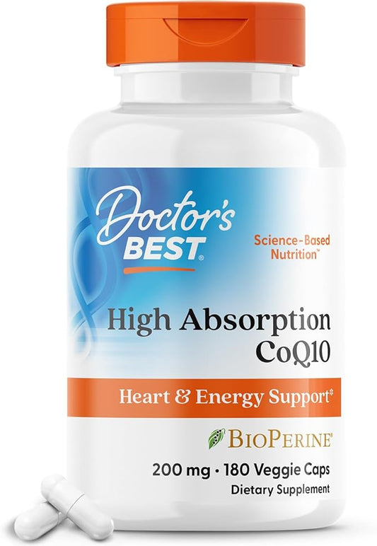 Doctor's Best High Absorption CoQ10 with BioPerine, Heart Health and Energy Production, Naturally Fermented, Non-GMO, Gluten & Soy Free, Vegan, 200 mg, Veggie Caps