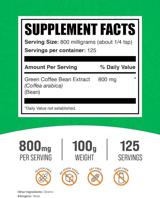 BulkSupplements.com Green Coffee Bean Extract Powder - Green Coffee Bean Supplements, Green Coffee Bean Powder - Energy Support, Gluten Free, 800mg per Serving, 100g (3.5 oz) (Pack of 1)