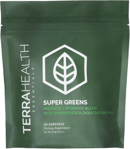 Terra Health Essentials® Super Greens | Organic Superfood Greens Powder | Gluten-Free Gut-Friendly Probiotics | 30 Servings