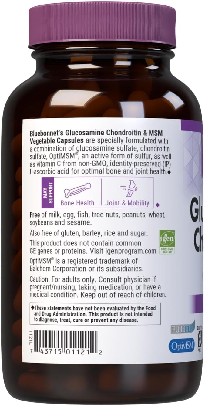 Bluebonnet Nutrition Glucosamine Chondroitin Plus MSM, Glucosamine, Chondroitin Sulfate, Vitamin C & OptiMSM, Bone & Joint Health, Non GMO, Gluten Free, Soy Free, Milk Free, 180 Vegetable Capsules
