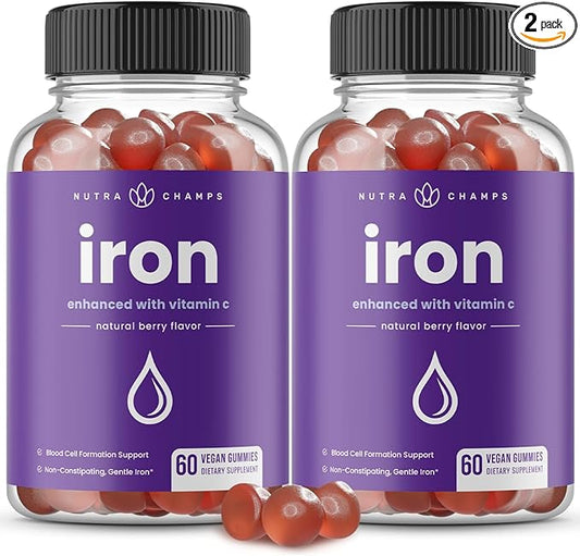 Iron Gummies with Vitamin C | 20mg Iron Gummies for Women, Men & Kids | Blood Cell Formation Support | 120 Gummies | Iron Gummy for Iron Deficiency & Anemia | Energy, Focus, Immune Boost (2 Pack)