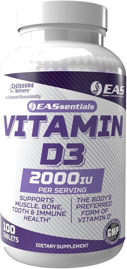 EAS Vitamin D3 2000 IU | Supports Muscle, Bone, Tooth, & Immune Health | Gluten Free, Non GMO | Better Absorption with Cyclosome Delivery | 100 Tablets