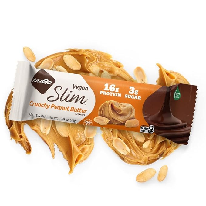 NuGo Slim Dark Chocolate Crunchy Peanut Butter, 17g Vegan Protein, 3g Sugar, 7g Fiber, 180 Calories, Low Net Carbs, Gluten Free, 12 Count