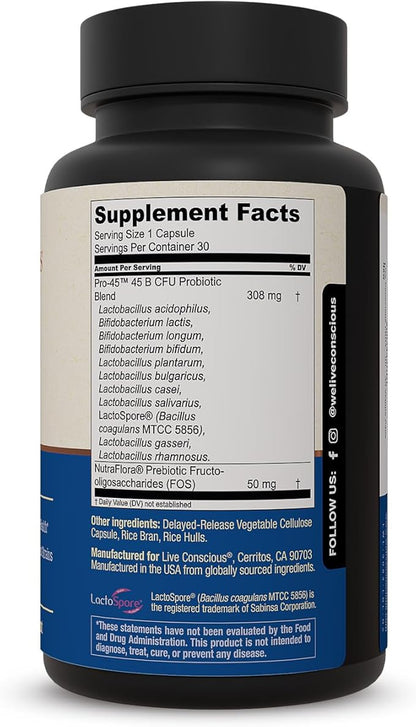 Live Conscious PRO45: Probiotic Formula, 45 Billion CFU, 11 Comprehensive strains. Dairy Free. Delayed Release Veggie caps. Promotes Immune and Digestive Health. 60 Capsules (2-Pack)