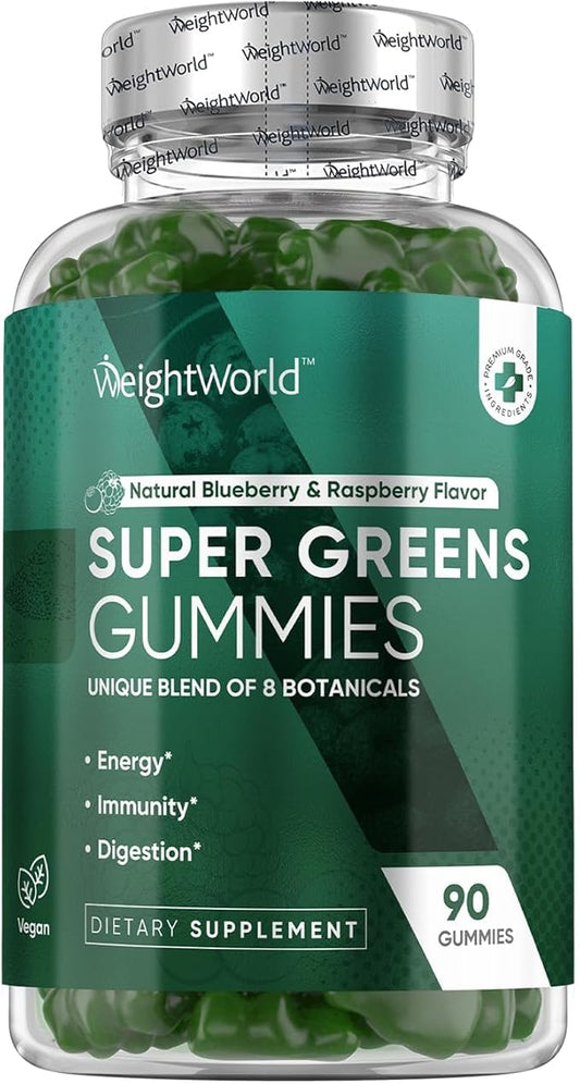 WeightWorld Super Green Gummies - 90 Gummies (45 Days Supply) - Daily Green Supplements for Energy, Immunity & Digestion - Natural Blueberry & Raspberry Flavor - Vegan, Non-GMO & Gelatin-Free
