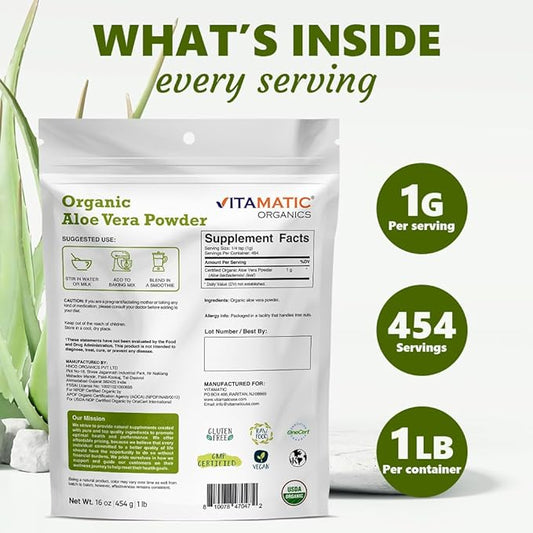 Vitamatic Certified USDA Organic Aloe Vera 1 Pound (16 Ounce)