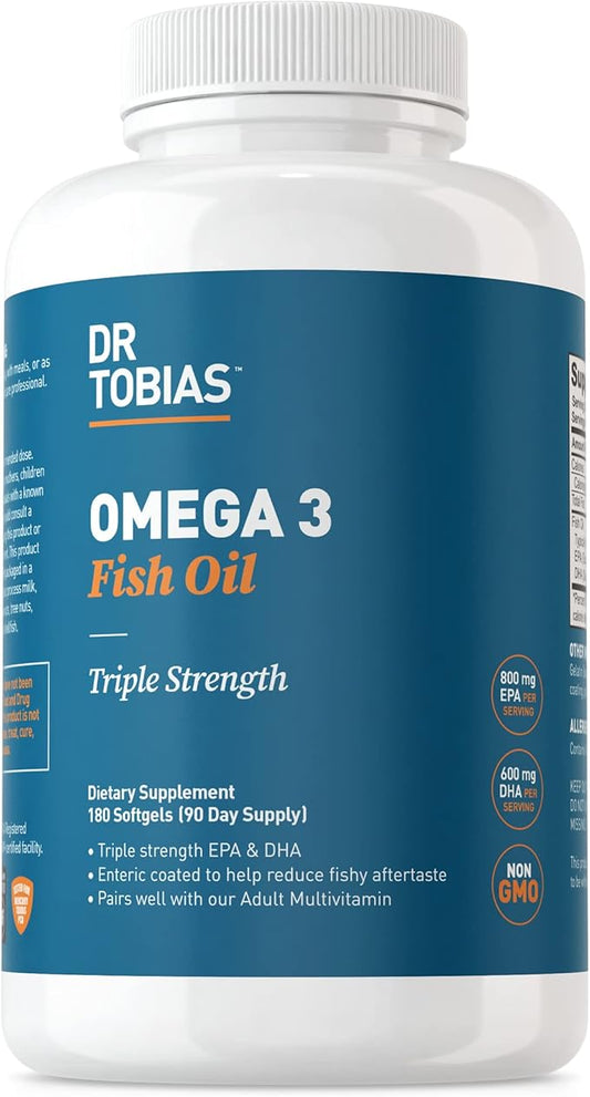 Dr. Tobias Omega 3 Fish Oil, 2000mg Triple 3 Supplement 800mg EPA 600mg DHA 3 Supplements 180 Softgels, 90 Servings