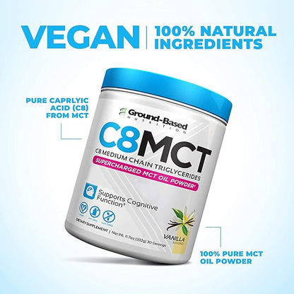 Ground-Based Nutrition C8 MCT Oil Powder – Supercharged Medium Chain Triglycerides MCT Oil Powder – Vegan-Friendly, Non-GMO Powdered C8 MCT Oil, Ketogenic MCT Coffee Creamer, No Stevia (Vanilla)