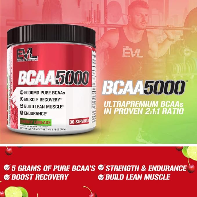 Evlution EVL BCAAs Amino Acids Powder - BCAA Powder Post Workout Recovery Drink and Stim Free Pre Workout Energy Drink Powder - 5g Branched Chain Amino Acids Supplement for Men - Cherry Limeade