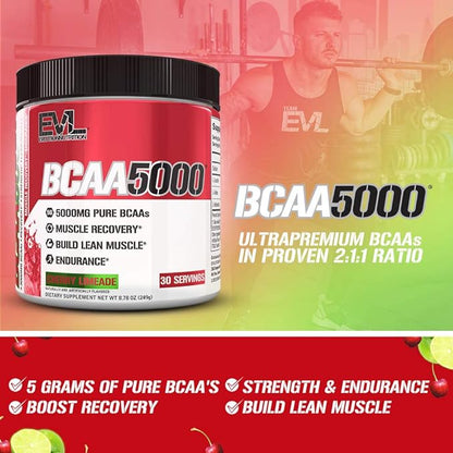 Evlution EVL BCAAs Amino Acids Powder - BCAA Powder Post Workout Recovery Drink and Stim Free Pre Workout Energy Drink Powder - 5g Branched Chain Amino Acids Supplement for Men - Cherry Limeade