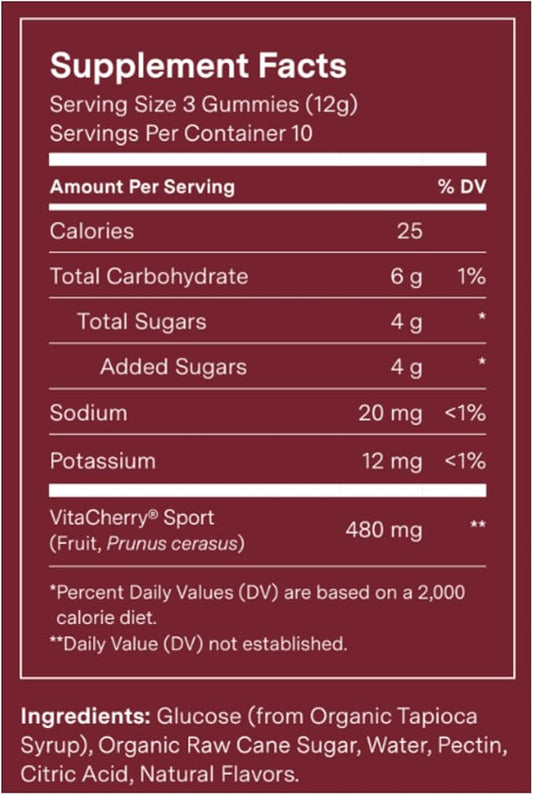 Recovery Gummies - Tart Cherry Gummies for Muscle Recovery - Hibiscus Cherry Flavor with Antioxidants & Electrolytes Combats Soreness, Fights Inflammation, Boosts Energy - Vegan, Non-GMO, Gluten-Free