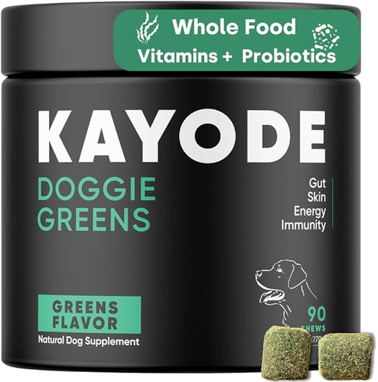 Doggie Greens - Natural Dog Vitamins & Probiotics for Dogs. No Messy Powder. Includes Spirulina, Kelp & Antioxidant Berry Mix. 6-in-1 Dog Supplements & Vitamins Chews. Super Greens for Dogs.