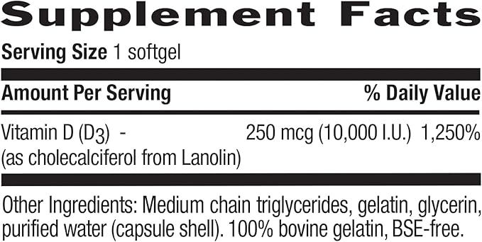 Country Life Vitamin D3, High Potency, Non-Fish, 10,000 IU, 200 Softgels, Certified Gluten Free