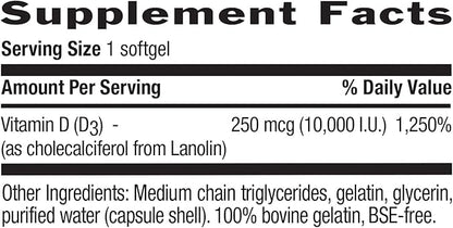 Country Life Vitamin D3, High Potency, Non-Fish, 10,000 IU, 200 Softgels, Certified Gluten Free
