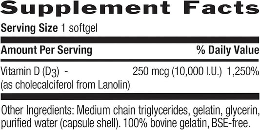 Country Life Vitamin D3, High Potency, Non-Fish, 10,000 IU, 200 Softgels, Certified Gluten Free