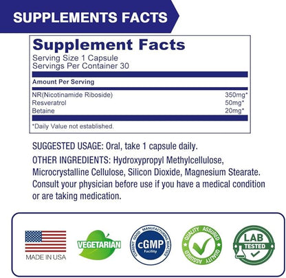 Lovita NR (Nicotinamide Riboside) 350 mg, NAD Supplement with Trans-Resveratrol and Betaine, Promote NAD Plus Levels, Healthy Aging, 30 Vegan Enteric-Coated Capsules (Pack of 3)