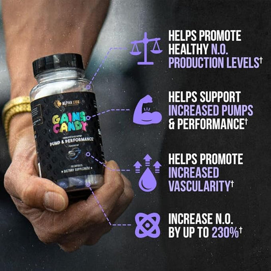 ALPHA LION Gains Candy, Supplement Pills for Muscle Pump & Blood Flow, Nitric Oxide Booster, Supports Mental Focus, Use Daily to Upgrade Workout Performance, 60 Capsules (S7)