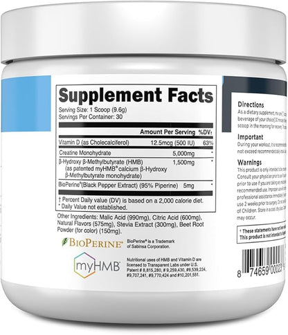 Transparent Labs Creatine HMB - Creatine Monohydrate Powder with HMB for Muscle Growth, Increased Strength, Enhanced Energy Output, and Improved Athletic Performance - 30 Servings, Tropical Punch