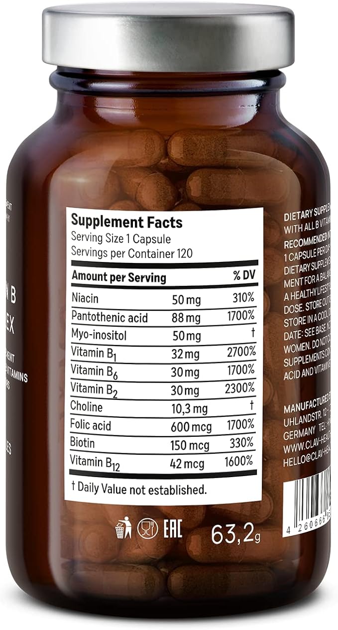 CLAV Vitamin B Complex - 120 Capsules - All 8 B Vitamins with Co-Factors Myo-Inositol & Choline - Supports Energy Metabolism - Vegan - Made in Germany