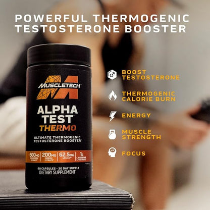 MuscleTech AlphaTest Thermo Thermogenic Testosterone Booster| Muscle Strength Builder for Men | Workout Supplement | 90 Capsules | 30 Servings
