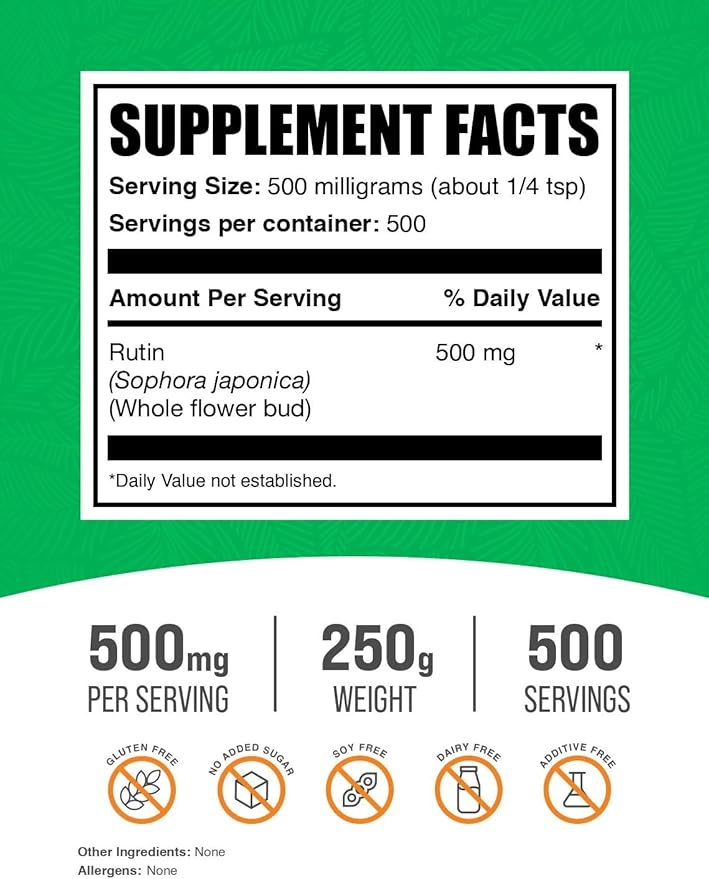 BulkSupplements.com Rutin Powder - from Sophora Japonica, Rutin Supplement, Rutin 500mg - Antioxidants Source, Soy Free, 500mg per Serving, 250g (8.8 oz) (Pack of 1)