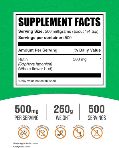 BulkSupplements.com Rutin Powder - from Sophora Japonica, Rutin Supplement, Rutin 500mg - Antioxidants Source, Soy Free, 500mg per Serving, 250g (8.8 oz) (Pack of 1)