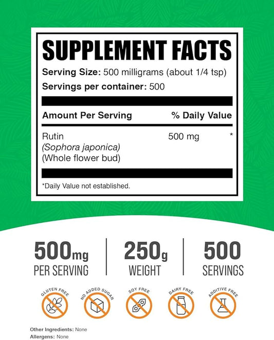 BulkSupplements.com Rutin Powder - from Sophora Japonica, Rutin Supplement, Rutin 500mg - Antioxidants Source, Soy Free, 500mg per Serving, 250g (8.8 oz) (Pack of 1)