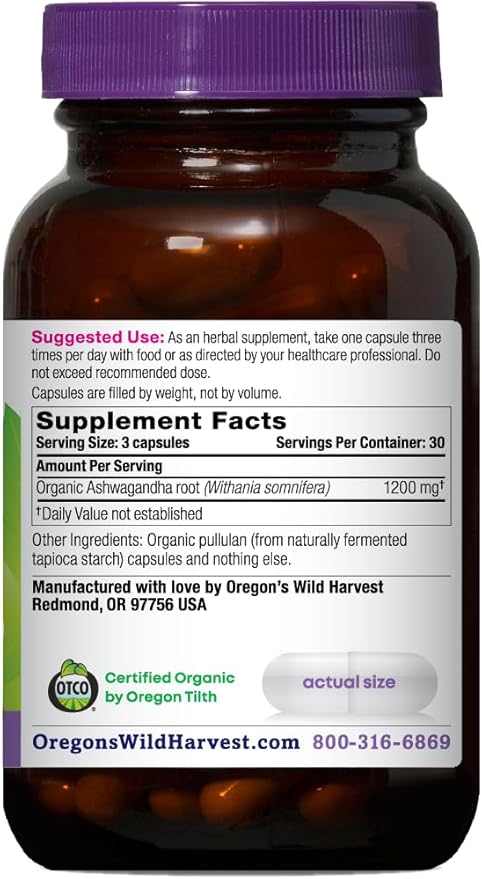 Oregon's Wild Harvest Certified Organic Ashwagandha 1200 MGS, 90 Count
