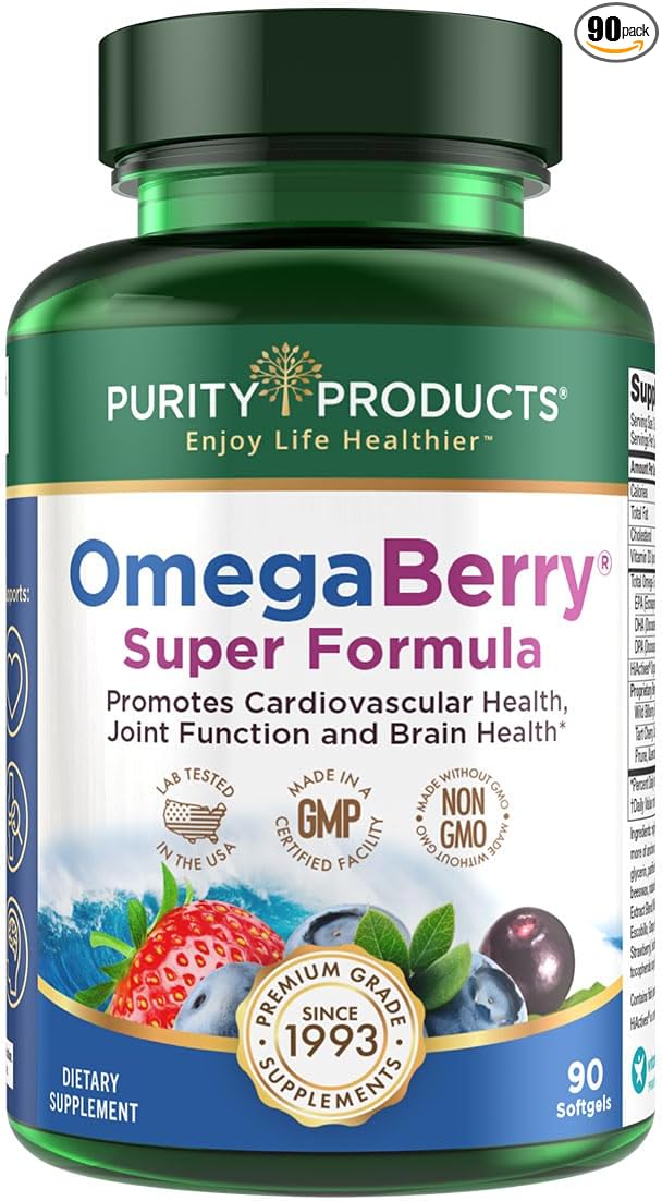 Purity Products OmegaBerry Fish Oil w/Vitamin D3 + 1875 mg Omega-3s 1080 1080 mg 720mg DHA 120 mg 90 Count