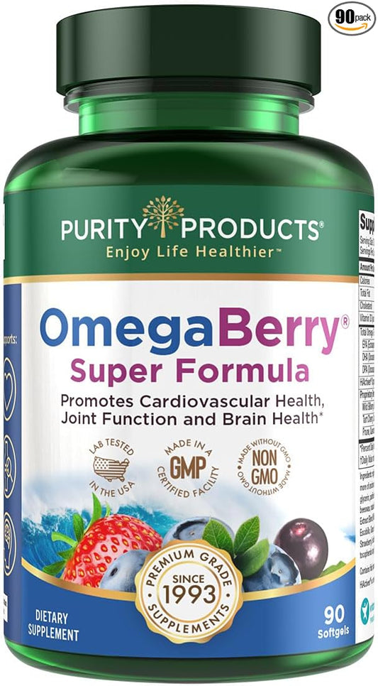 Purity Products OmegaBerry Fish Oil w/Vitamin D3 + 1875 mg Omega-3s 1080 1080 mg 720mg DHA 120 mg 90 Count