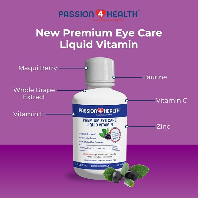 Passion 4 Health Liquid Eye Vitamins - Natural Vision & Premium Eye Health Support with Maqui Berry Extract, Gluten-Free, Non-GMO, No Sugar - Adult Eye Care Supplement, 30-Day Supply, Made in USA