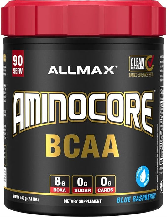 ALLMAX AMINOCORE BCAA, Blue Raspberry - 945 g Powder - 8.18 Grams of BCAAs Per Serving - with B Vitamins - No Fillers or Non-BCAA Aminos - Sugar Free - 90 Servings