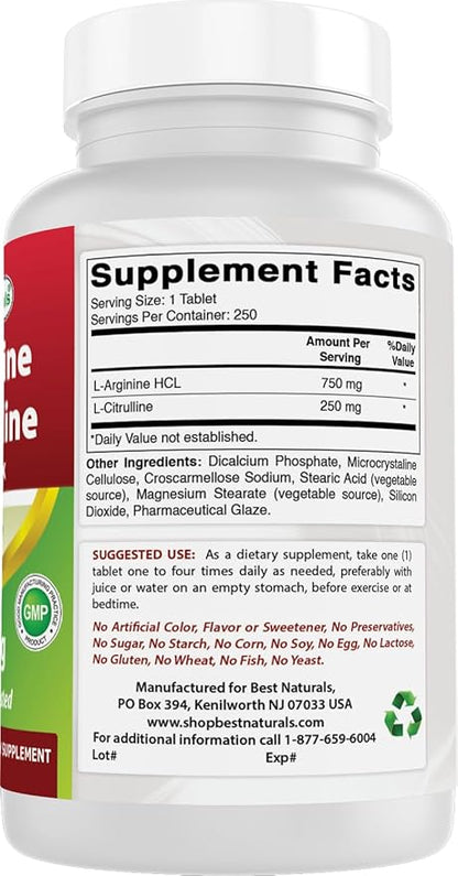 Best Naturals L-Arginine L-Citrulline Complex 1000 mg 250 Tablets (250 Count (Pack of 2))
