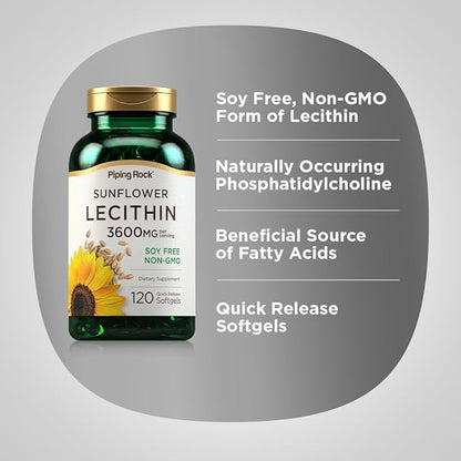 Piping Rock Sunflower Lecithin Softgel Capsules | 3600 mg | 120 Count | Rich in Phosphatidylcholine | Soy Free, Non-GMO, Gluten Free