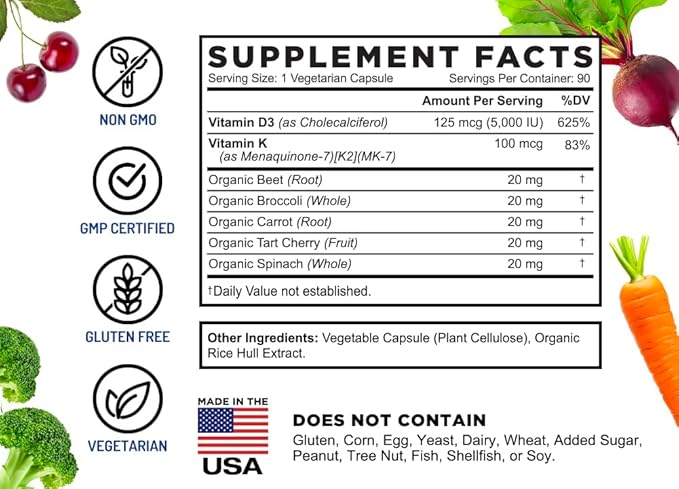 FarmHaven Vitamin D3 K2 Capsules - 5000 IU D3 and 100 mcg K2 - Cholecalciferol MK7 with Veggie Fruit Blend - Vitamin D K2 Supplement for Immune System & Heart Health - Vegetarian, Non-GMO, 90 Caps