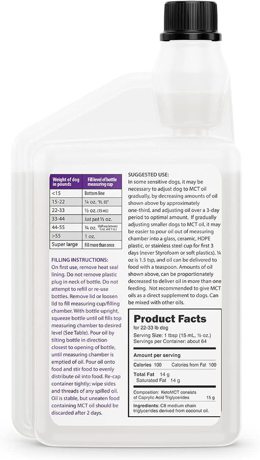 LifeSense C8 MCT Oil for Dogs, Keto-Friendly, Sourced from Coconut Oil, Human Grade, 32 oz, Made in USA by PhD Nutrition, Dog Optimal Fuel for The Brain and Body