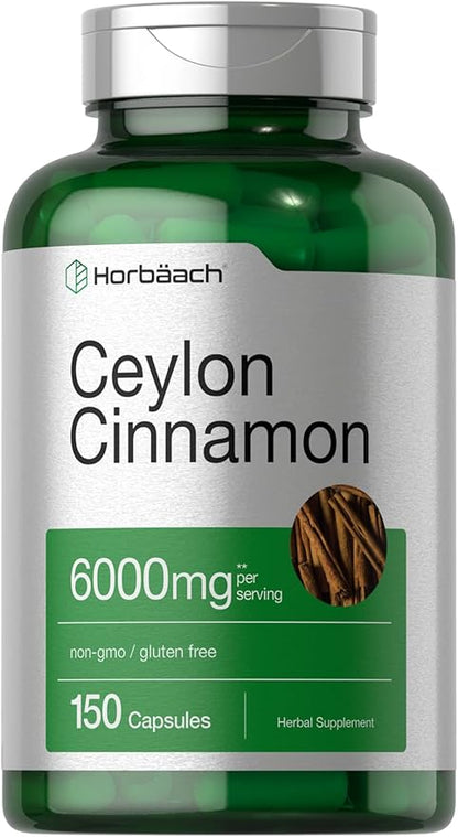 Horbaach Ceylon Cinnamon Capsules | 6000 mg | 150 Count | Non-GMO & Gluten Free Supplement