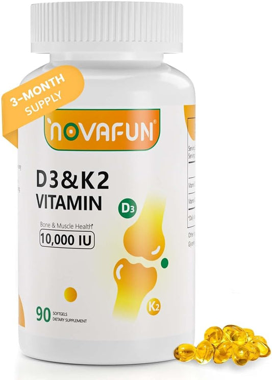 D3 K2 Vitamin 10000 IU + MK-7 200mcg Softgels, K2 D3 Vitamin Supplement with Coconut Oil for Bone, Teeth Health, Support Muscle & Heart Health, 90 Count
