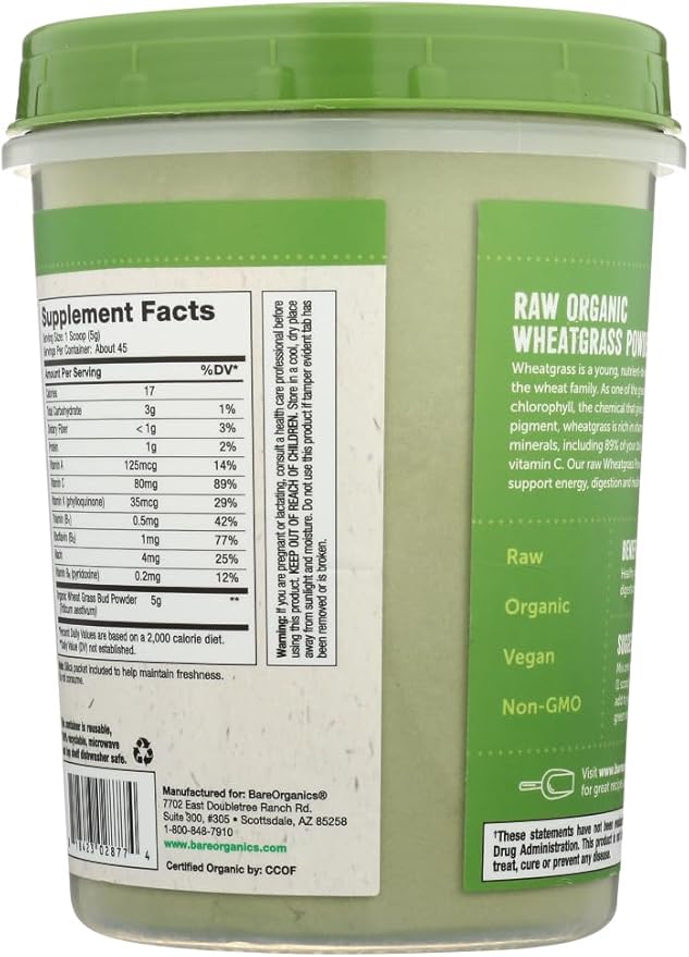 BareOrganics Wheatgrass Powder, Organic, Vegan Dietary Supplement,8 Ounce (Pack of 1)