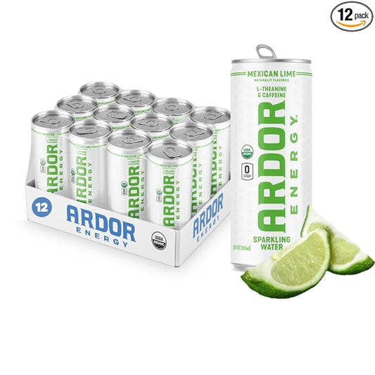 ARDOR ENERGY Sparkling Water Mexican Lime 12 pack with 100mg Organic Caffeine from Green Tea & 200mg Organic L-Theanine (Focus & Calm). No Sugar. No Calories. Vegan. Gluten Free.