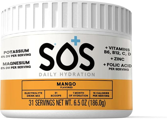 SOS Hydration Electrolyte Powder, Mango Flavor, 31 Servings – Low-Calorie Rapid Rehydration, Made in USA, Keto & Vegan Friendly